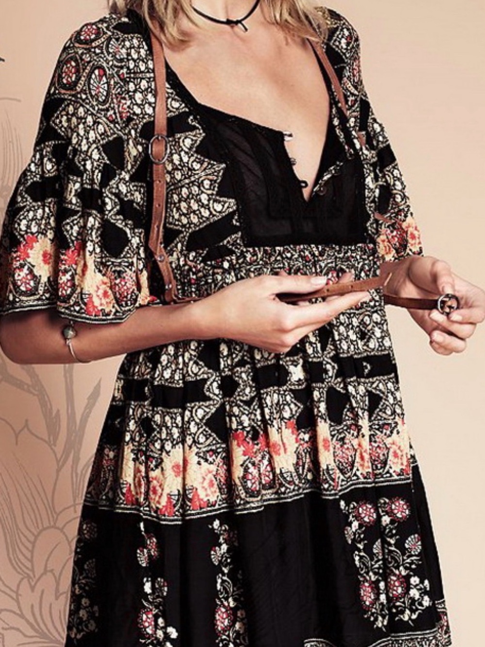 Free People Hayden Boho Floral Print Tunic Dress - Top Scoop Lace Neck 7771